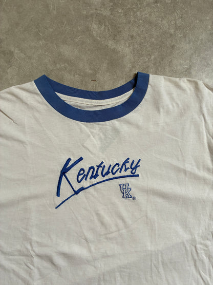 90s Vintage Kentucky Wildcats Embroidered White Ringer T-Shirt -XL