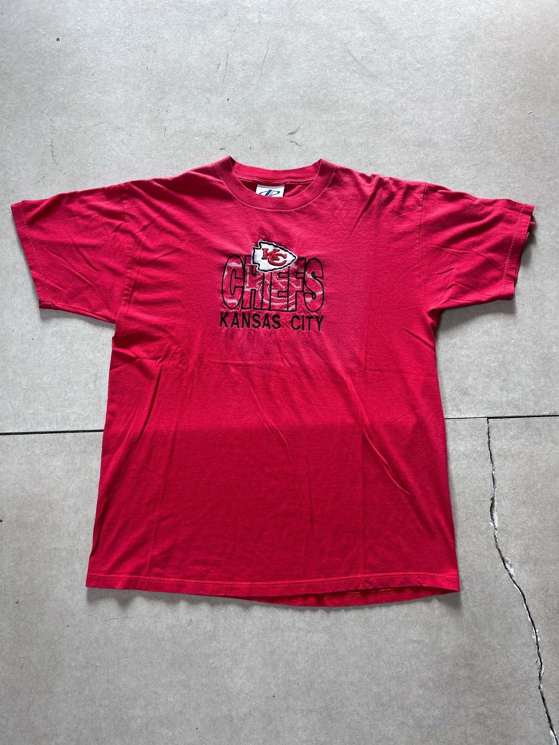 90s Vintage Kansas City Chiefs Embroidered Logo Athletic Red T Shirt Size L - | Martin City Vintage