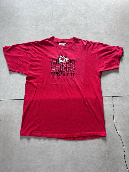 90s Vintage Kansas City Chiefs Embroidered Logo Athletic Red T Shirt Size L - | Martin City Vintage