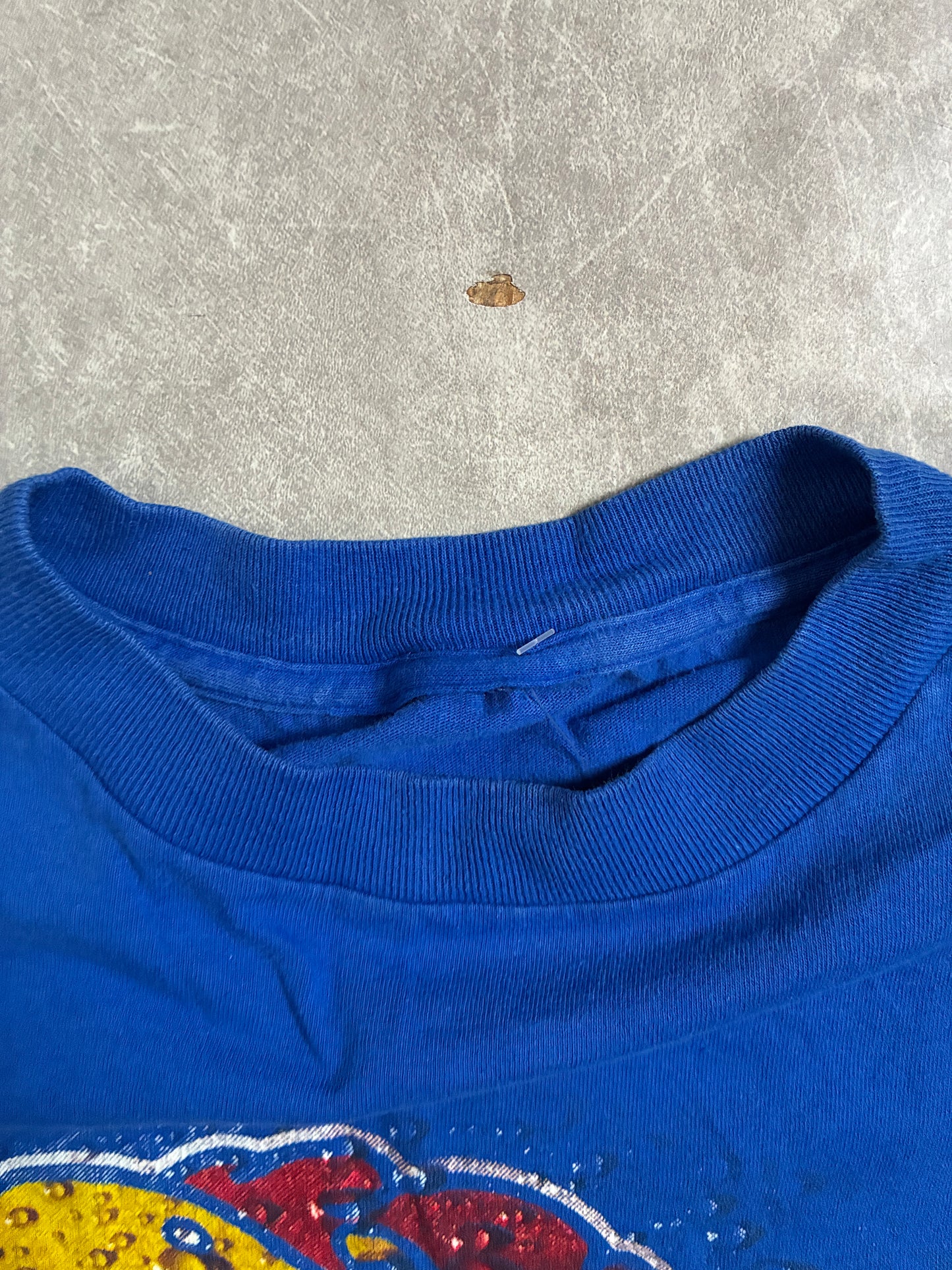 90s Vintage Kansas Jayhawks Water Print Blue T-Shirt -M