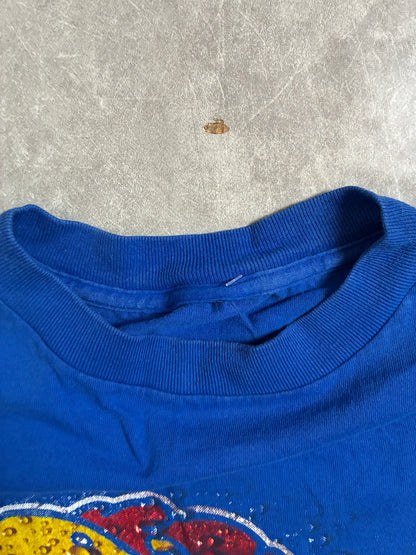 90s Vintage Kansas Jayhawks Water Print Blue T-Shirt -M