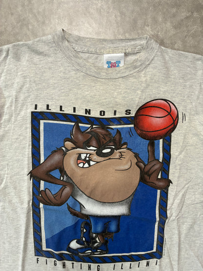 90s Vintage Illinois Fighting Illini Basketball Looney Tunes Heather Grey T-Shirt -L