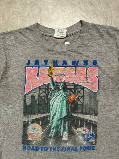 90s Vintage Kansas Jayhawks Final Four Distressed Grey T-Shirt -L