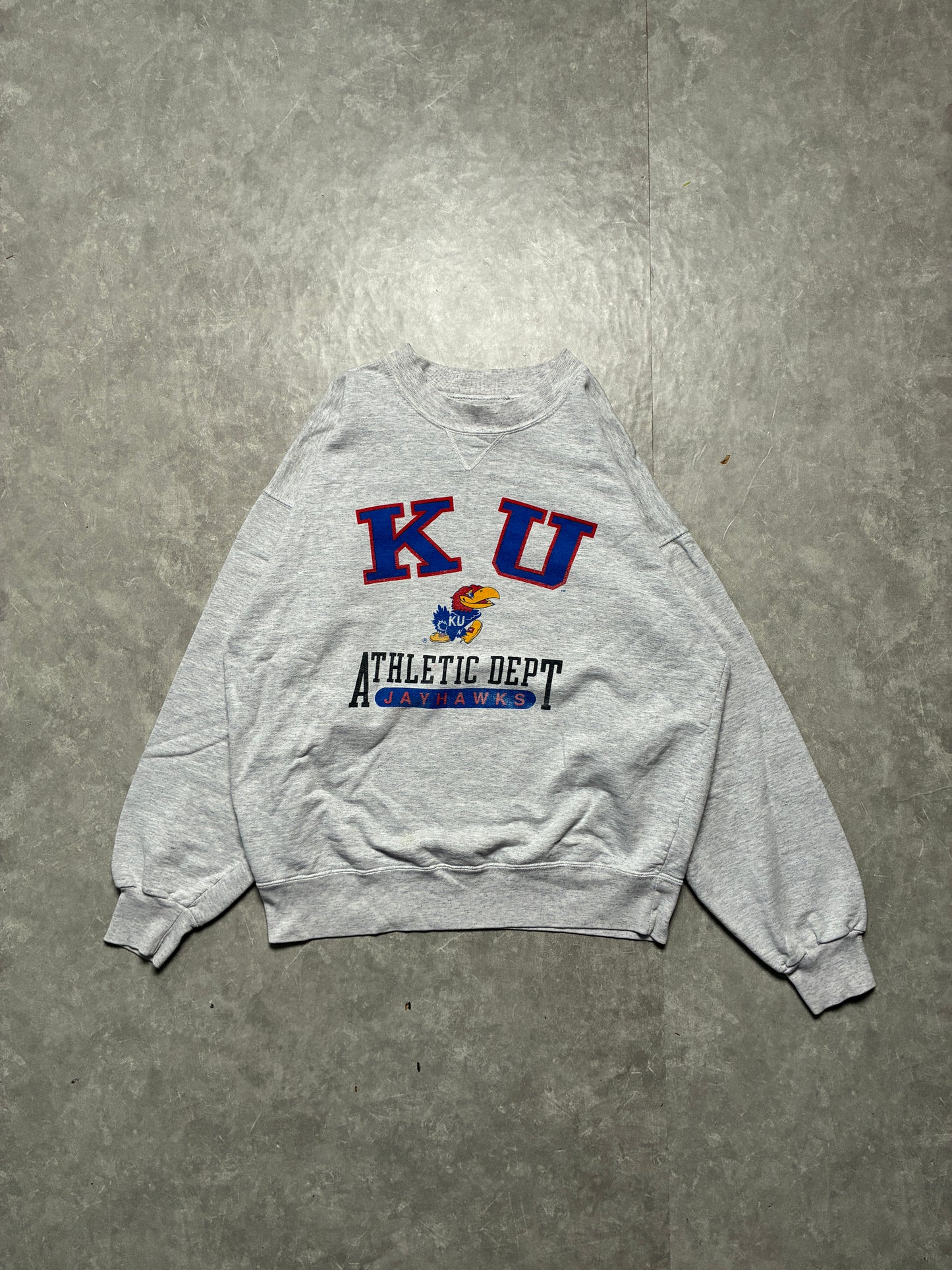 90s Vintage Kansas Jayhawks Athletic Department Heather Grey Crewneck-L