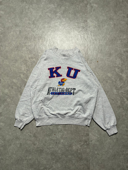90s Vintage Kansas Jayhawks Athletic Department Heather Grey Crewneck-L