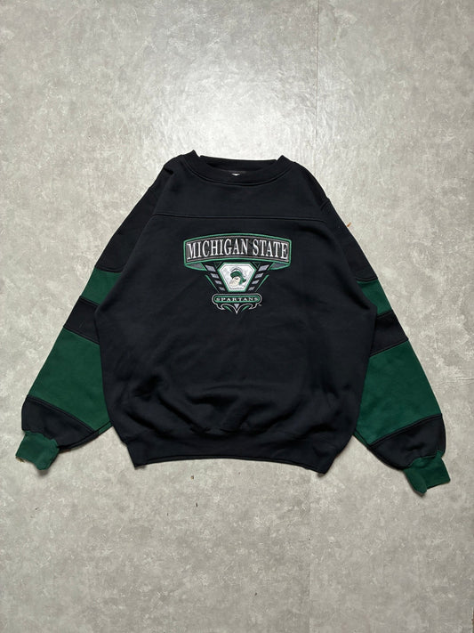 90s Vintage Michigan State Spartans Stripe Sleeve Black Crewneck -XXL - XXL | Martin City Vintage
