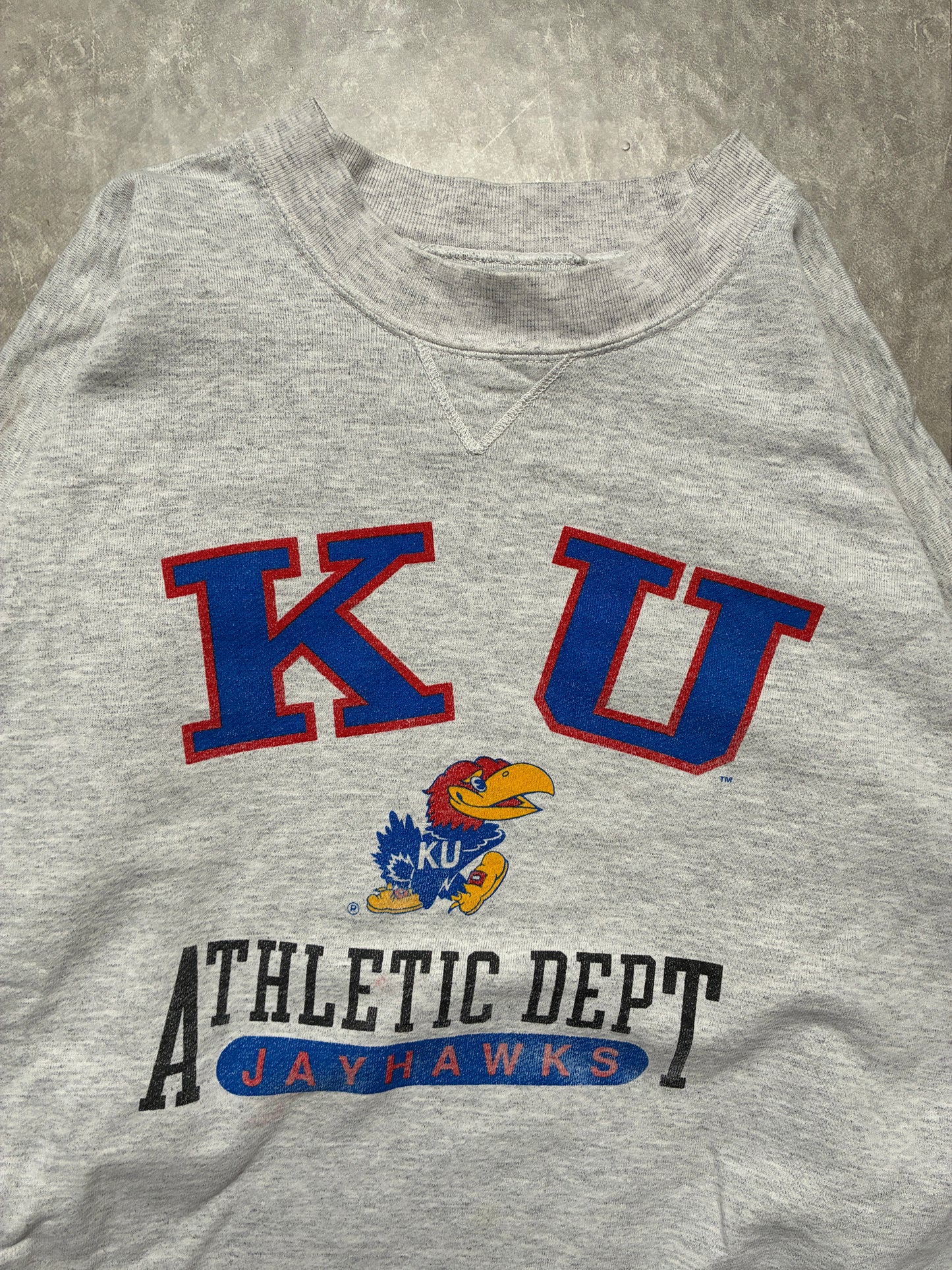 90s Vintage Kansas Jayhawks Athletic Department Heather Grey Crewneck-L