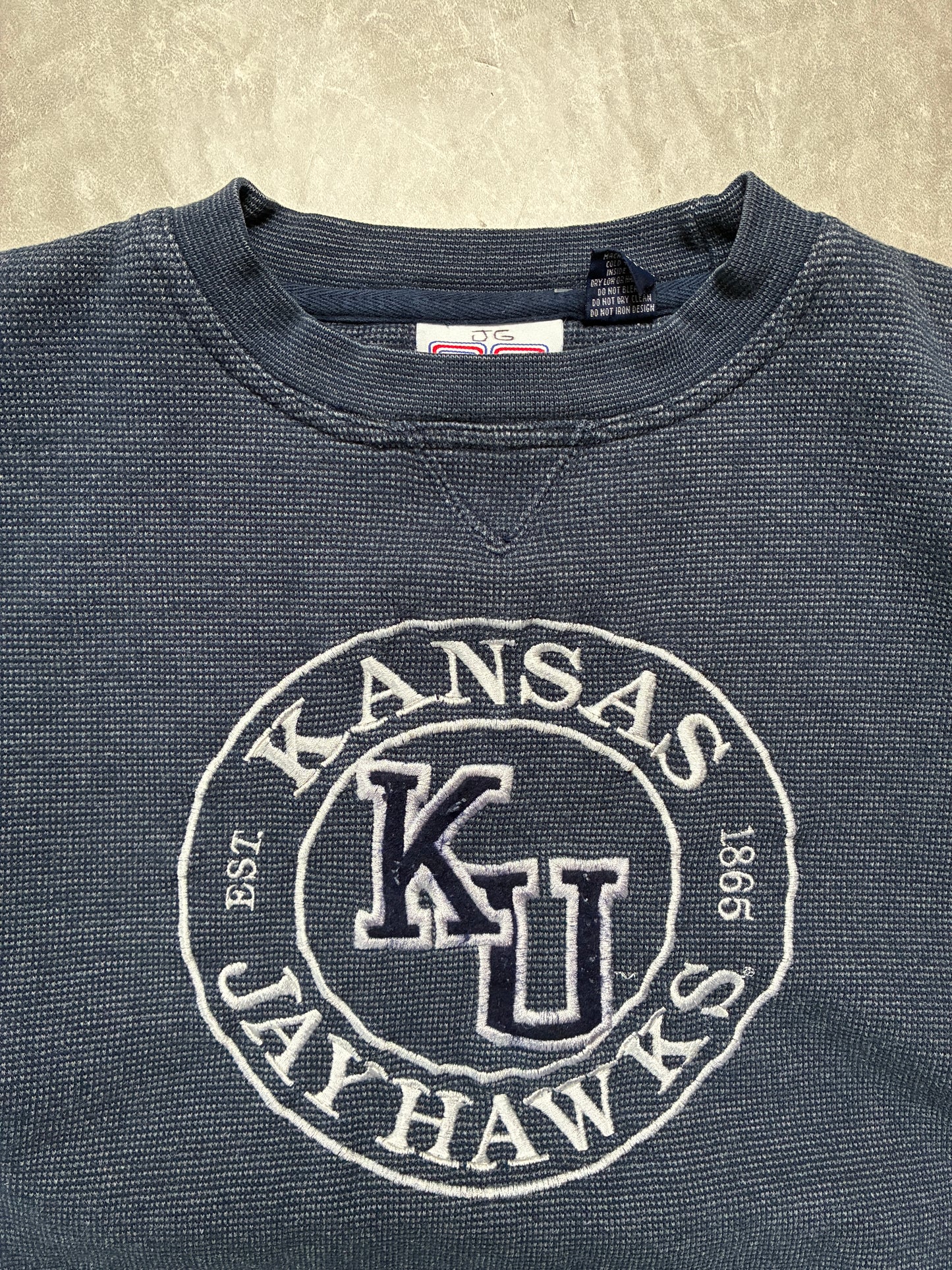90s Vintage Kansas Jayhawks Embroidered Navy Crewneck -L