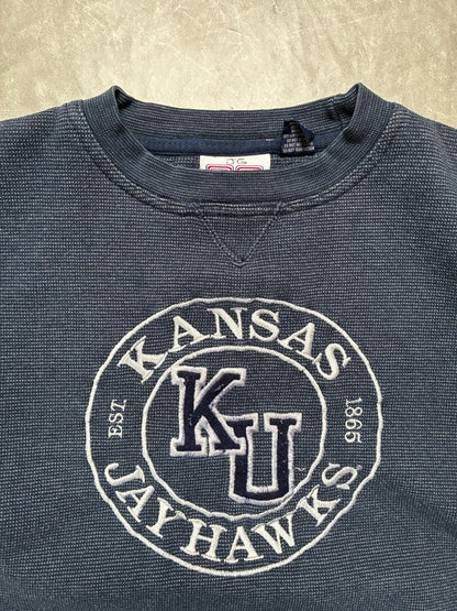 90s Vintage Kansas Jayhawks Embroidered Navy Crewneck -L