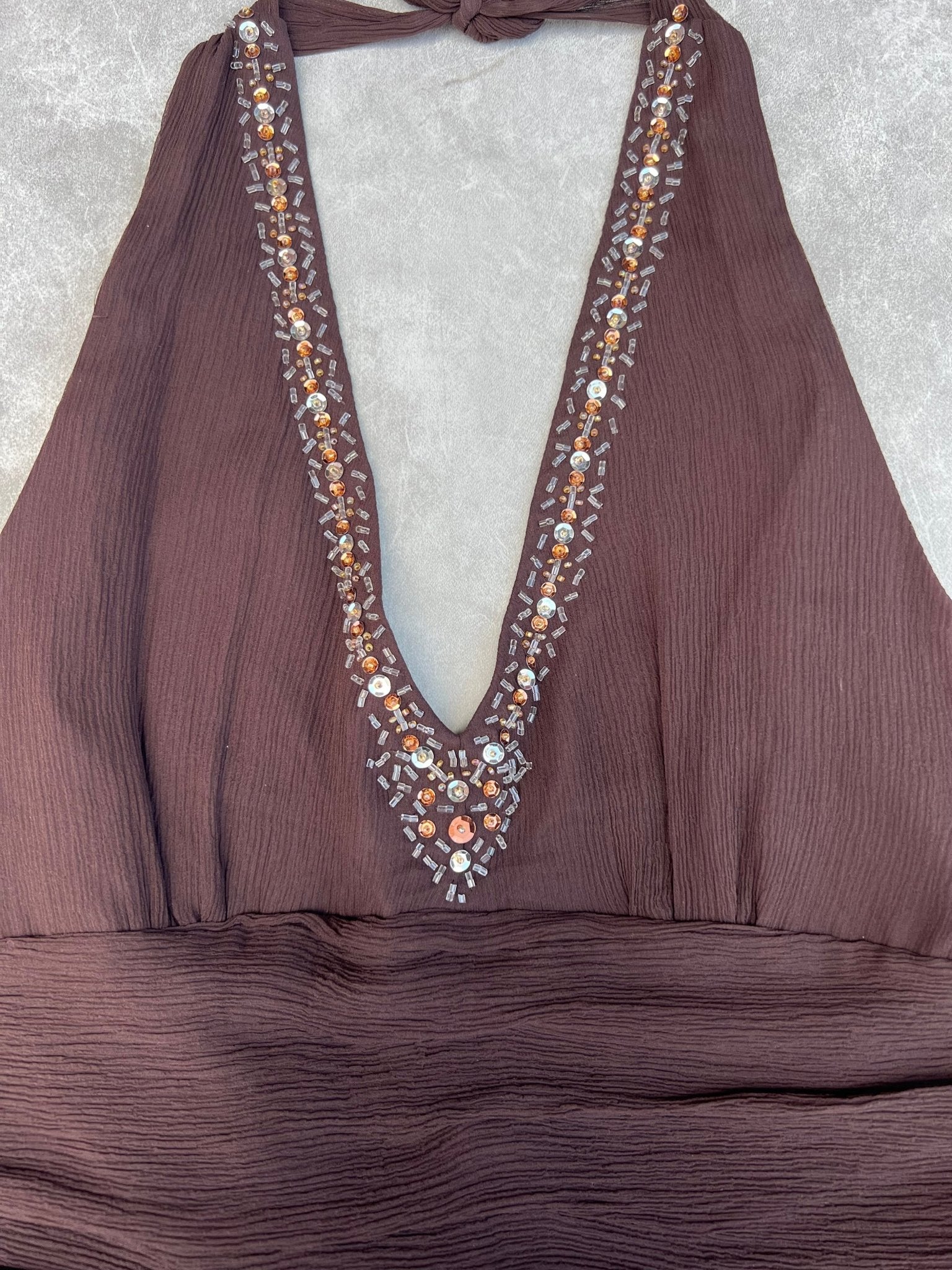 2000s Vintage Robbie Bee Brown Embellished Silk Halter Dress - 12 - 12 | Martin City Vintage
