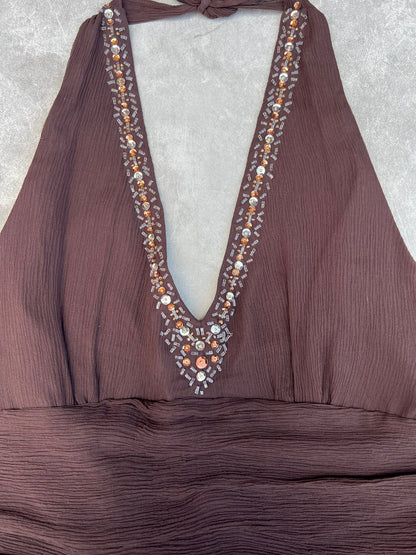 2000s Vintage Robbie Bee Brown Embellished Silk Halter Dress - 12 - 12 | Martin City Vintage