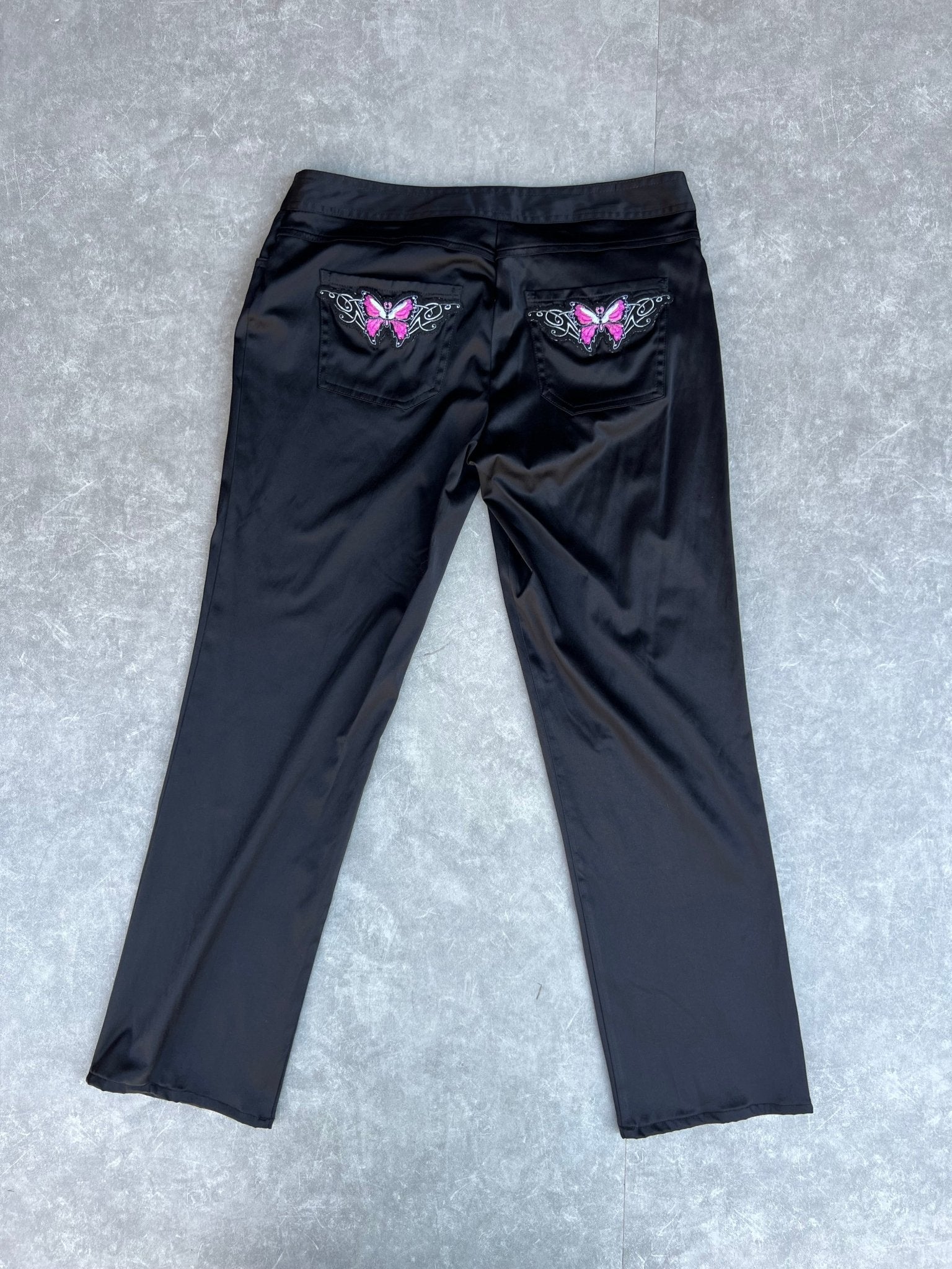 2000s Vintage No Boundries Silky Black Butterfly Patch Pants - 9 - 9 | Martin City Vintage