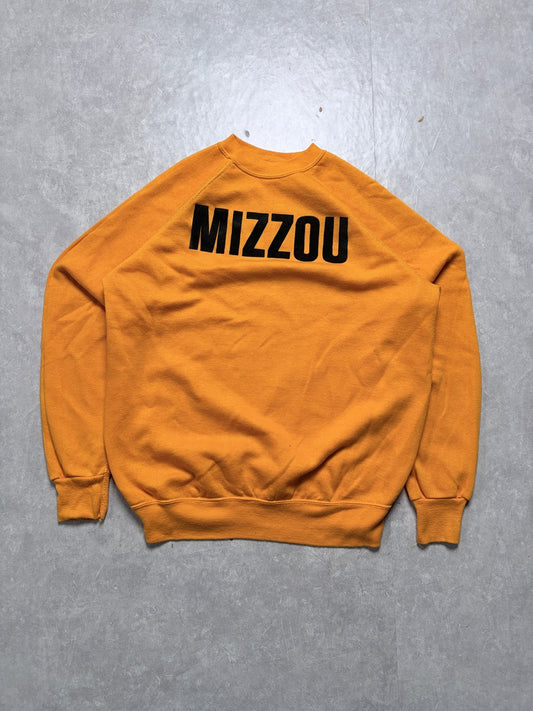 90s Vintage Mizzou Tigers Flock Print Yellow Crewneck -L