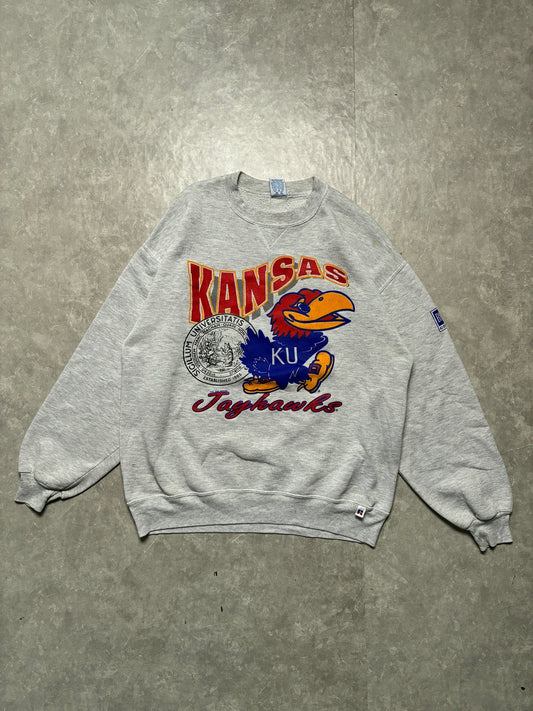 90s Vintage Kansas Jayhawks Big 8 Heather Grey Crewneck -XL - XL | Martin City Vintage