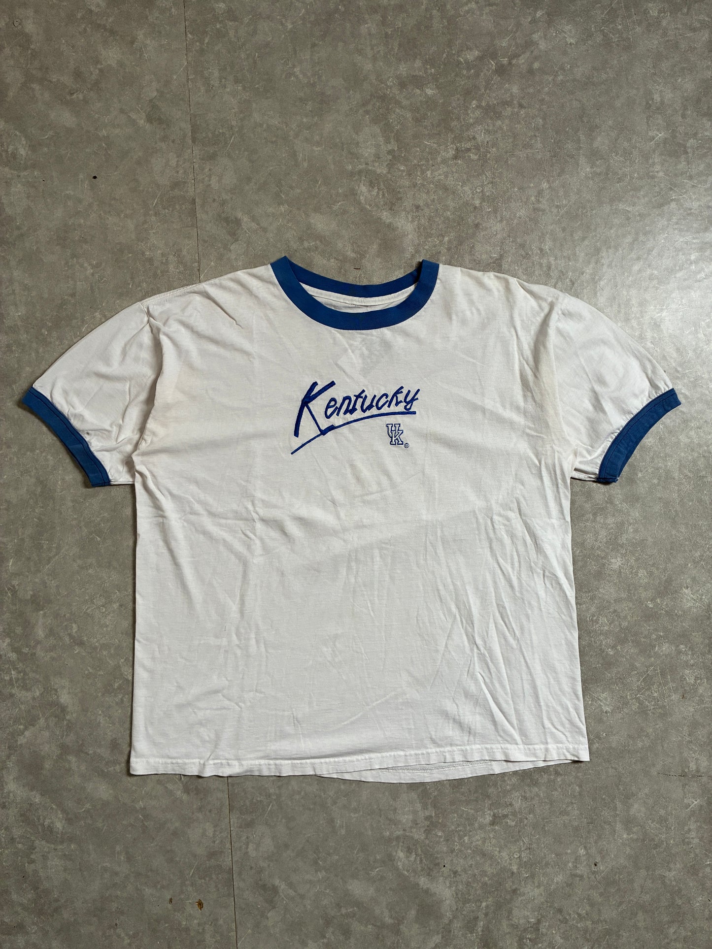 90s Vintage Kentucky Wildcats Embroidered White Ringer T-Shirt -XL
