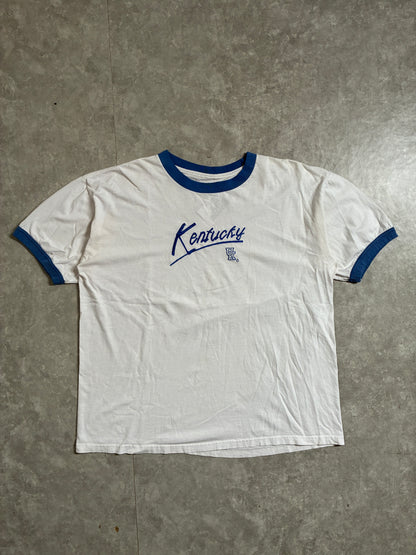 90s Vintage Kentucky Wildcats Embroidered White Ringer T-Shirt -XL