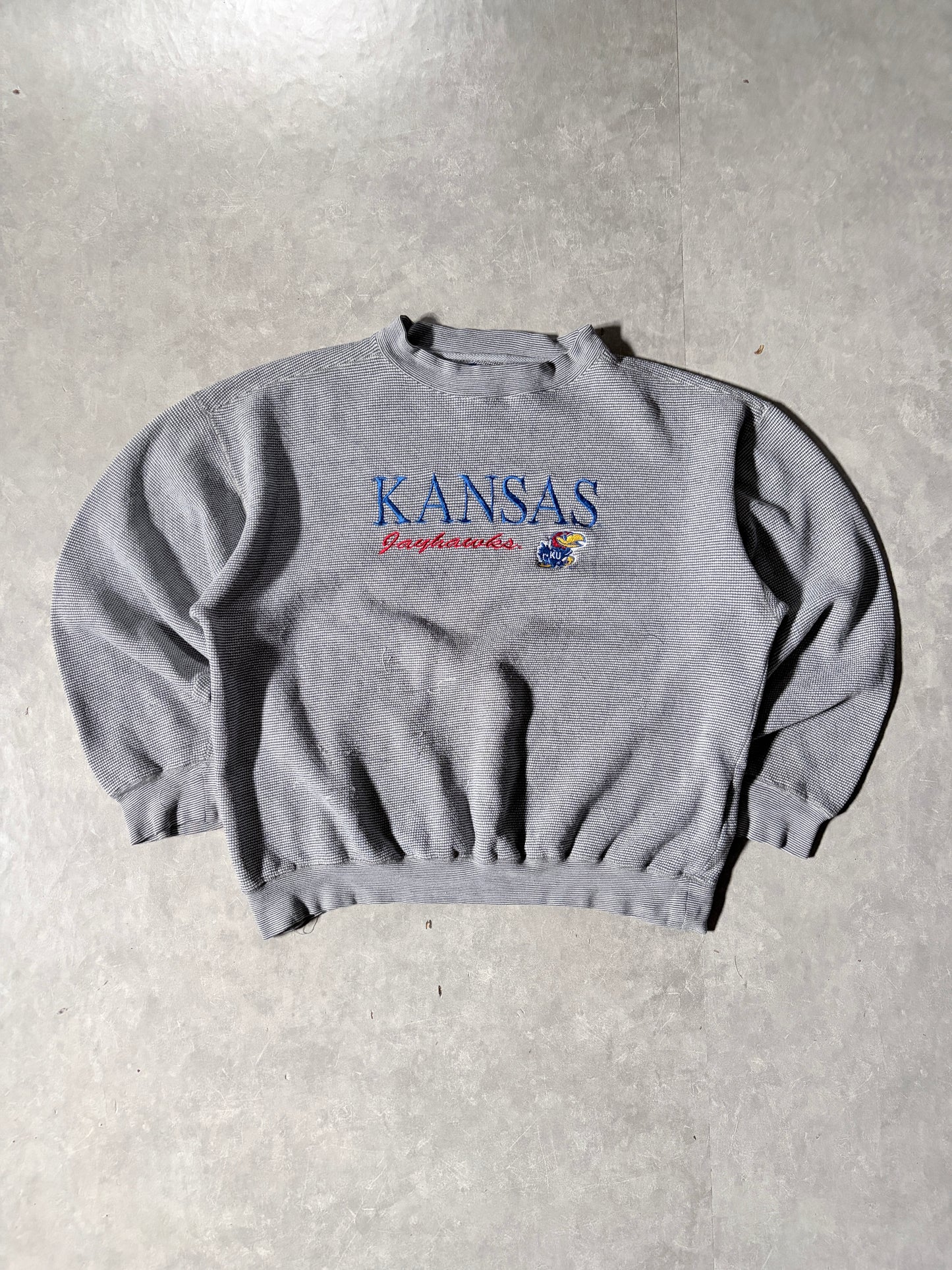 90s Vintage Kansas Jayhawks Logo 7 Embroidered Grey Crewneck -XL