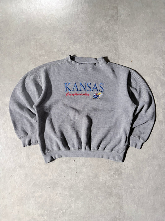 90s Vintage Kansas Jayhawks Logo 7 Embroidered Grey Crewneck -XL - XL | Martin City Vintage