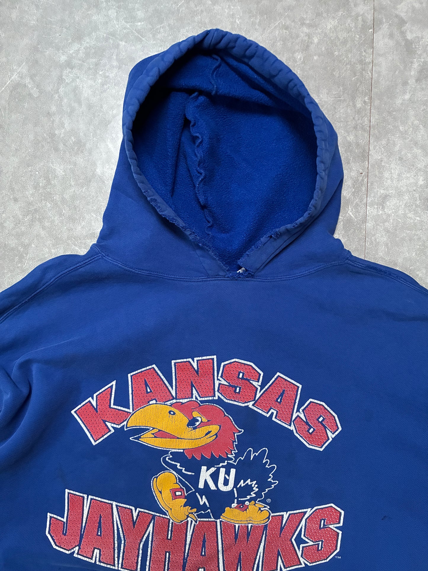 90s Vintage Kansas Jayhawks Distressed Blue Hoodie -XXL