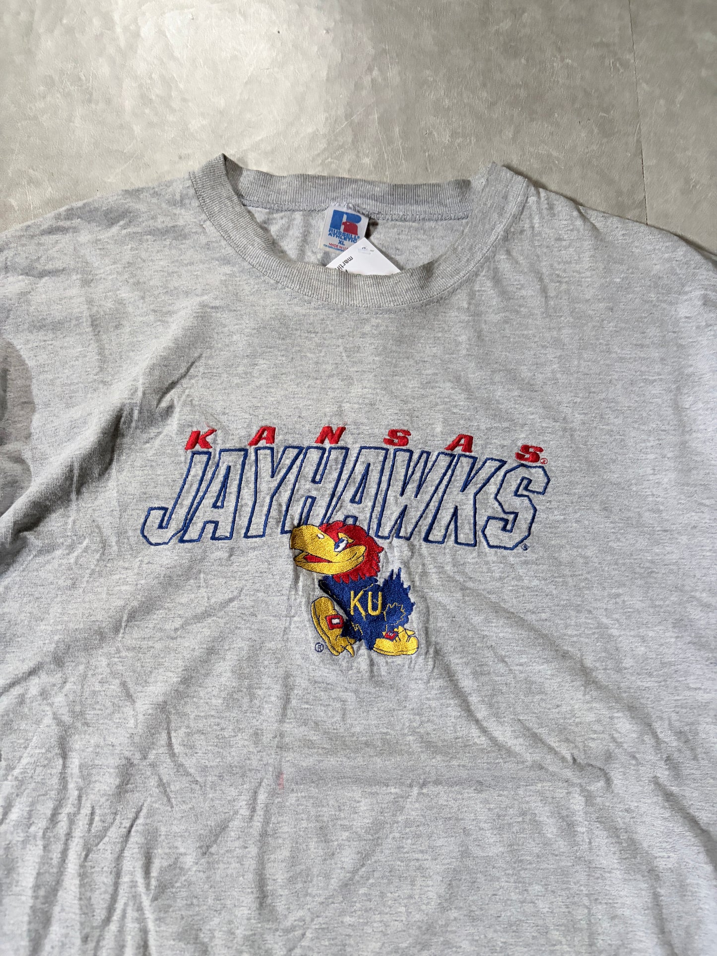 90s Vintage Kansas Jayhawks Embroidered Grey Long Sleeve Shirt -XL