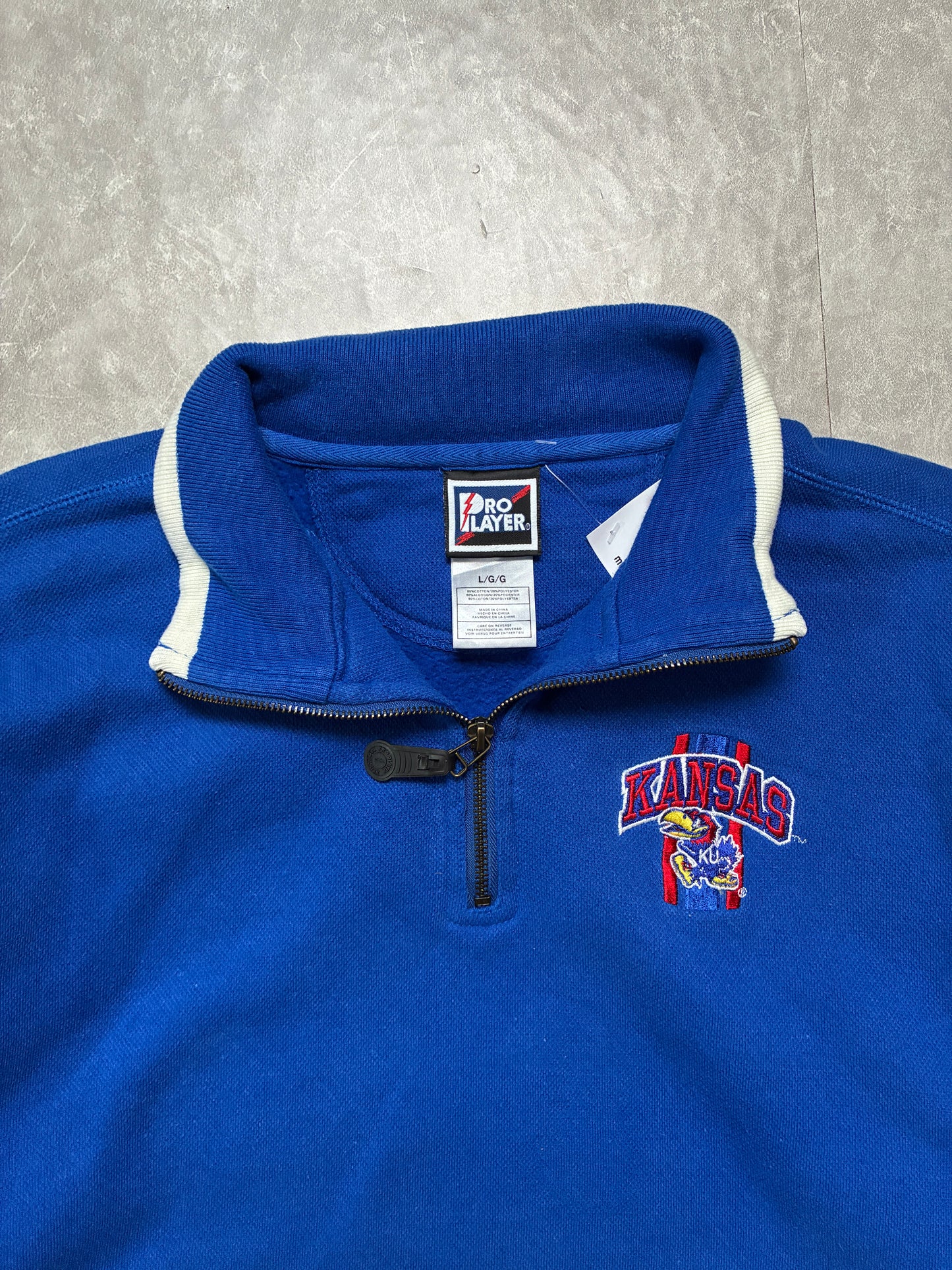 90s Vintage Kansas Jayhawks Pro Player Embroidered Blue Quarter Zip -L