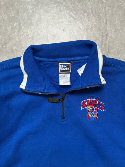 90s Vintage Kansas Jayhawks Pro Player Embroidered Blue Quarter Zip -L