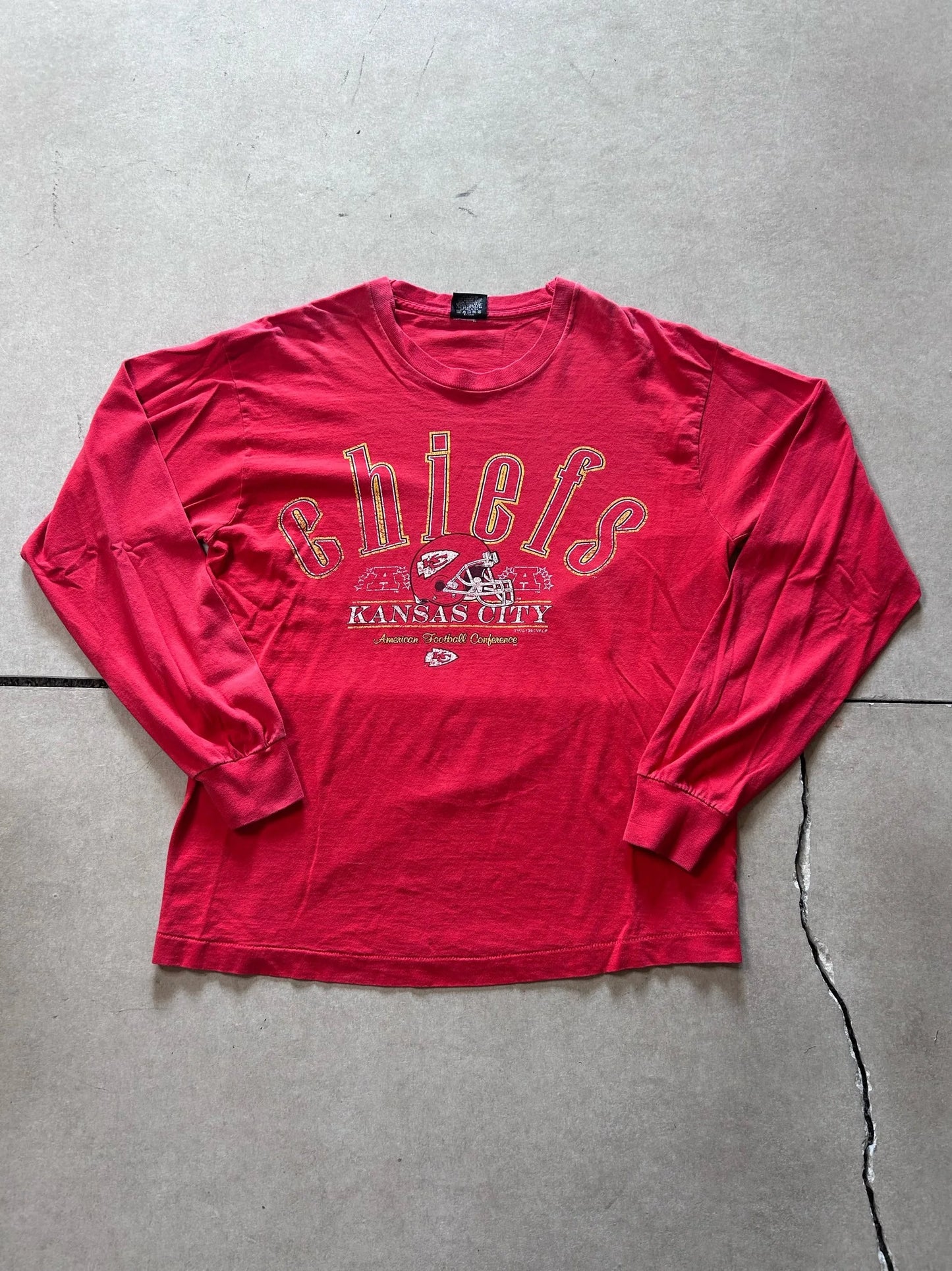 90s Vintage Kansas City Chiefs Faded Print Long Sleeve Red Shirt Size L - | Martin City Vintage