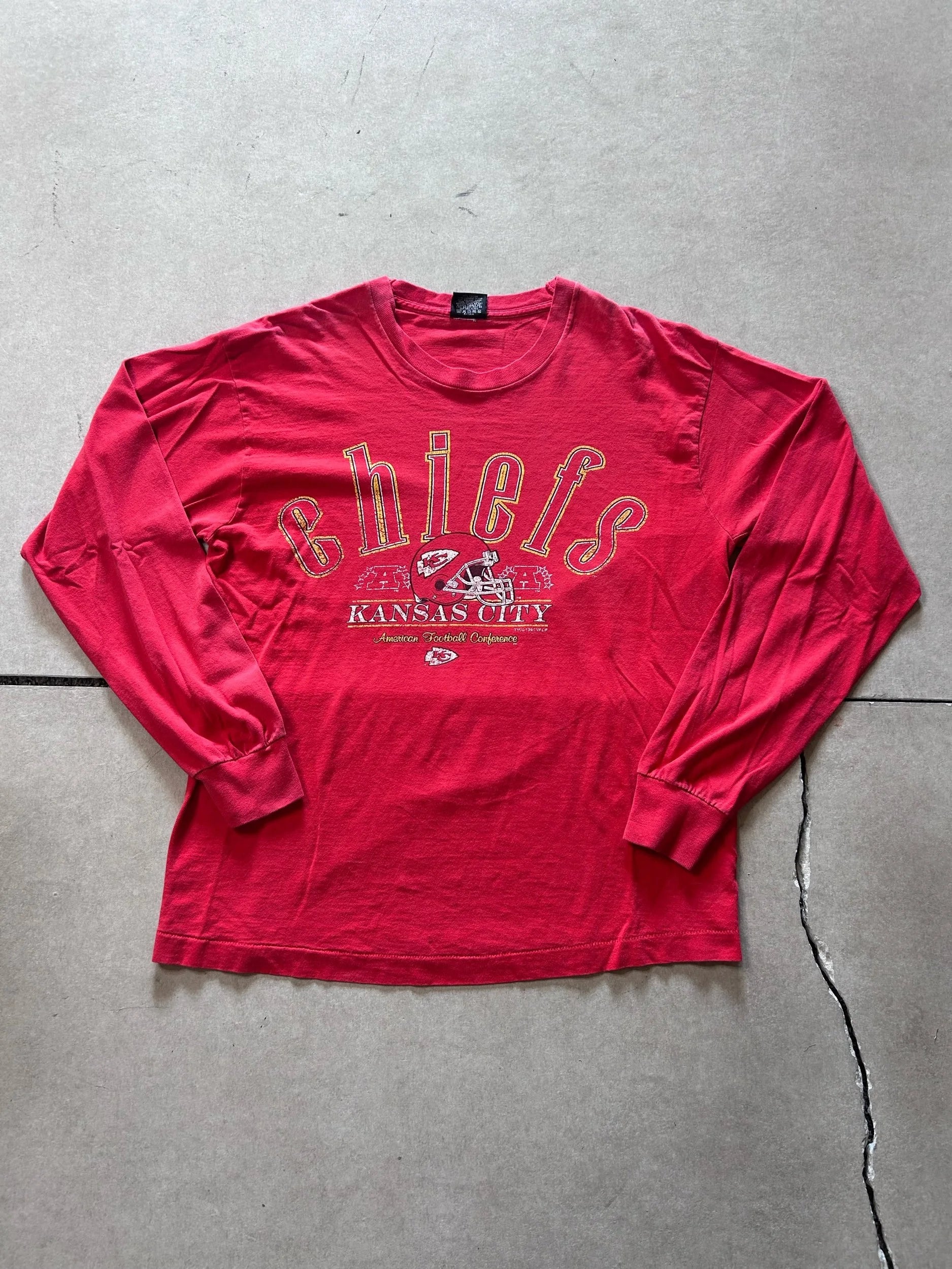 90s Vintage Kansas City Chiefs Faded Print Long Sleeve Red Shirt Size L - | Martin City Vintage