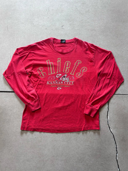 90s Vintage Kansas City Chiefs Faded Print Long Sleeve Red Shirt Size L - | Martin City Vintage