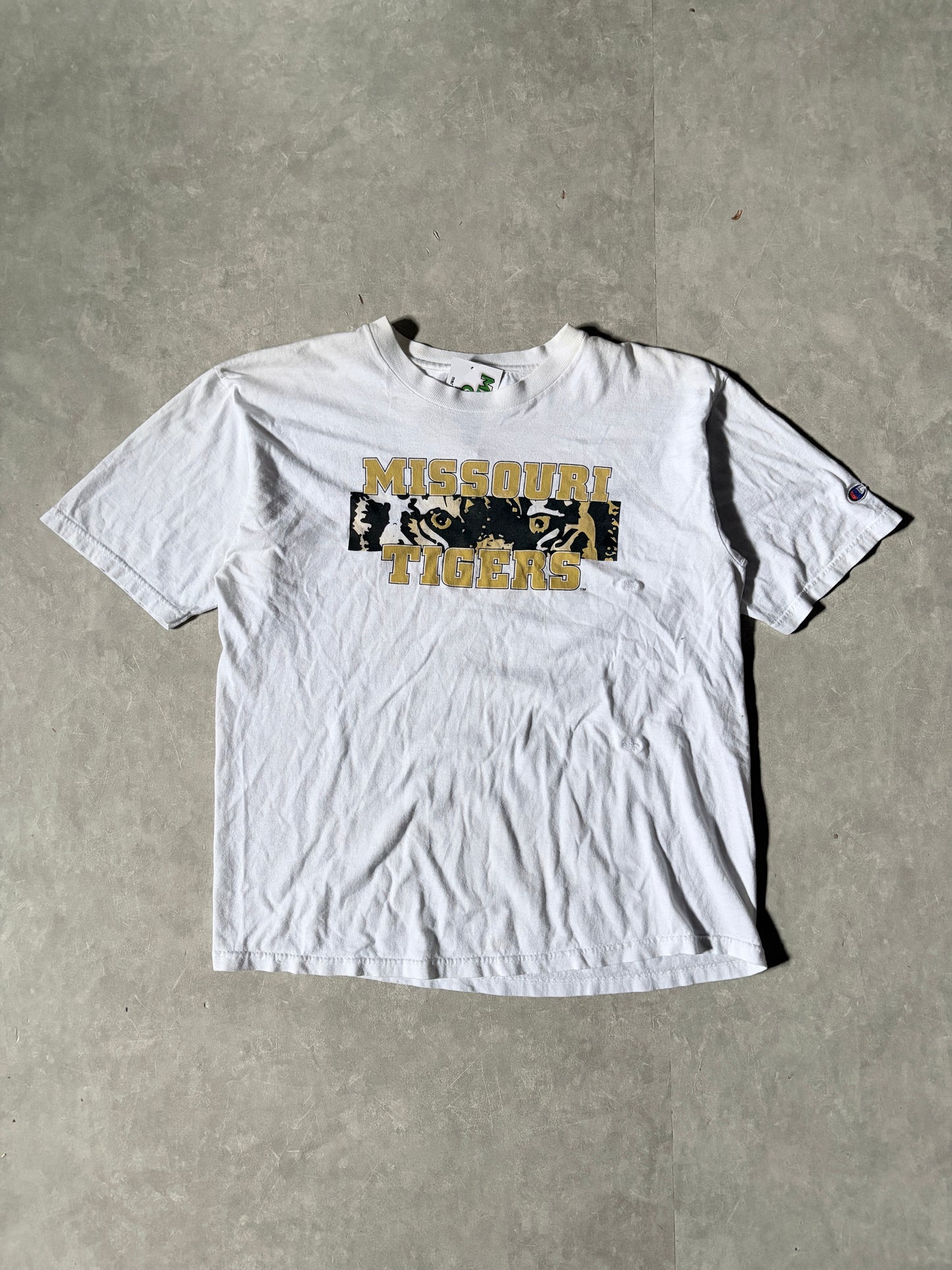 90s Vintage Missouri Tigers Box Logo Repaired White T-Shirt -M