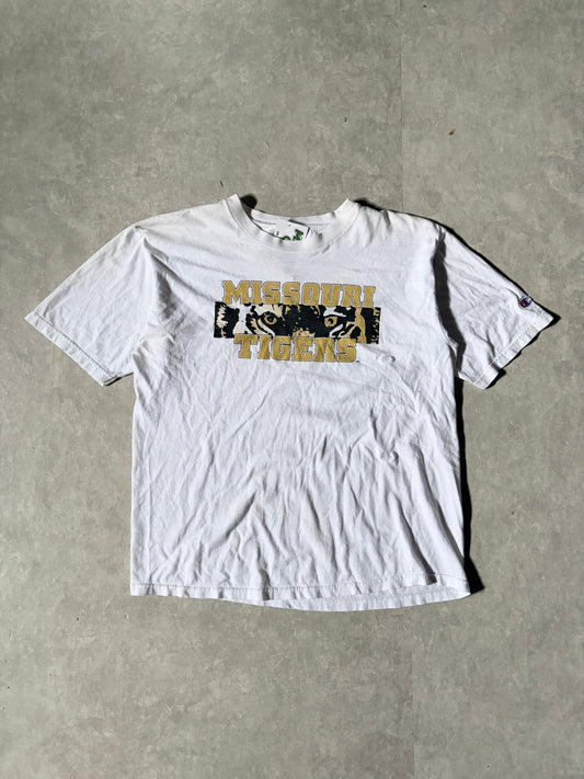 90s Vintage Missouri Tigers Box Logo Repaired White T-Shirt -M - M | Martin City Vintage