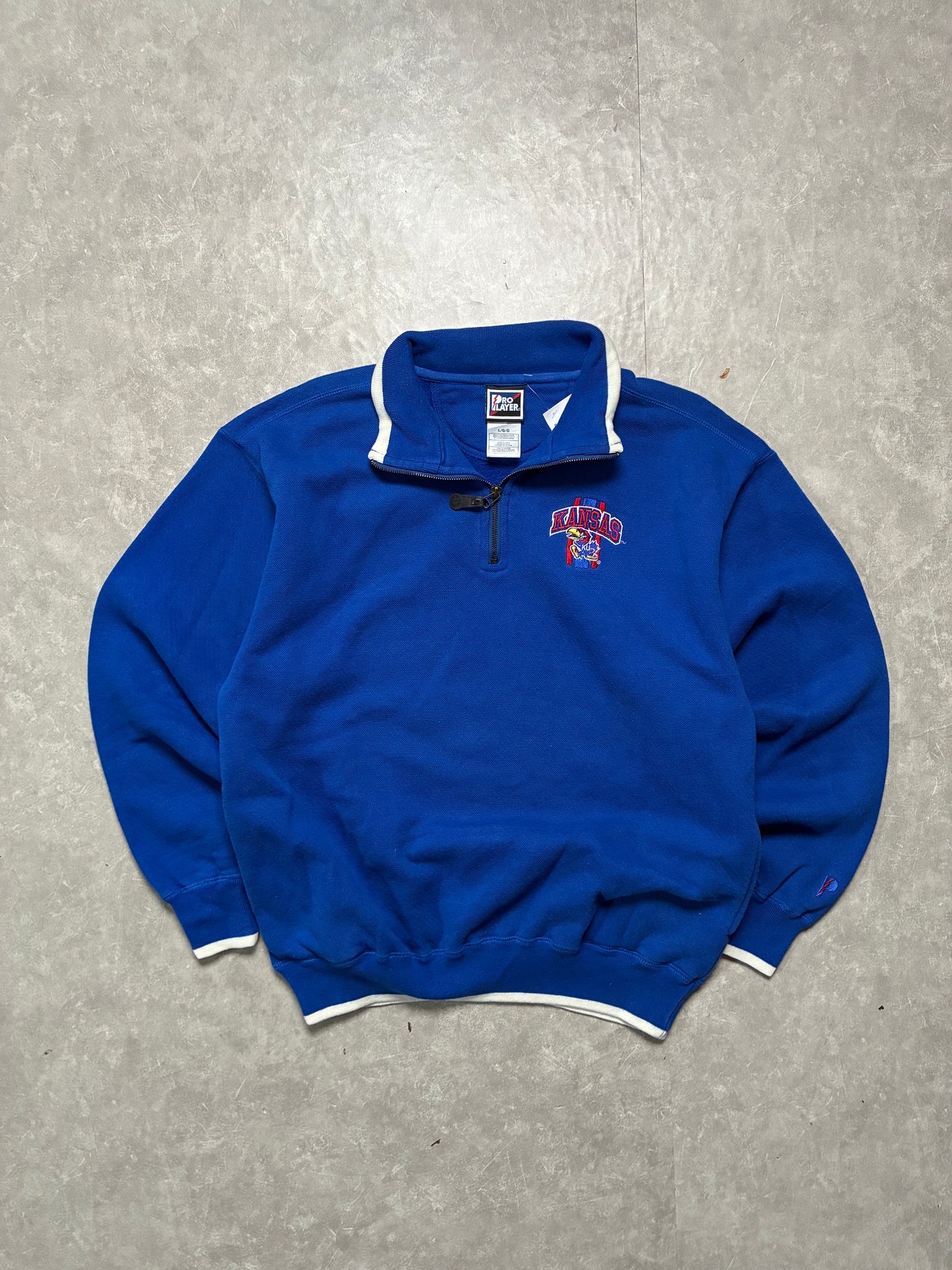 90s Vintage Kansas Jayhawks Pro Player Embroidered Blue Quarter Zip -L
