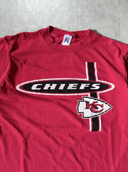 90s Vintage Kansas City Chiefs Oval Print Logo 7 Red T-Shirt -L - XL | Martin City Vintage