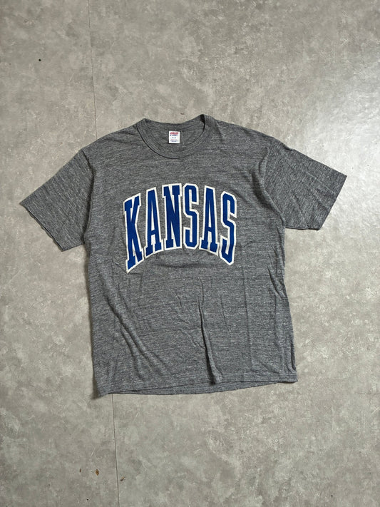 80s Vintage Kansas Jayhawks Block Letters Grey T-Shirt -XL - XL | Martin City Vintage