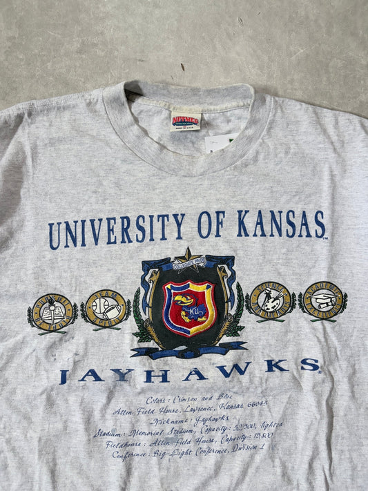 90s Vintage Kansas Jayhawks Distressed Nutmeg Heather Grey T-Shirt -XL - XL | Martin City Vintage