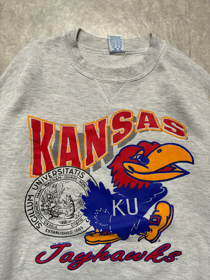 90s Vintage Kansas Jayhawks Big 8 Heather Grey Crewneck -XL