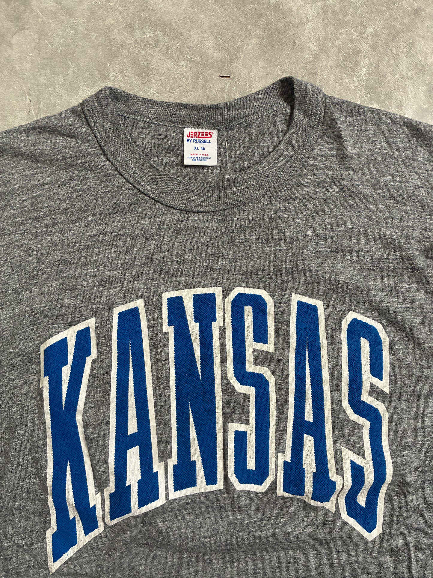80s Vintage Kansas Jayhawks Block Letters Grey T-Shirt -XL