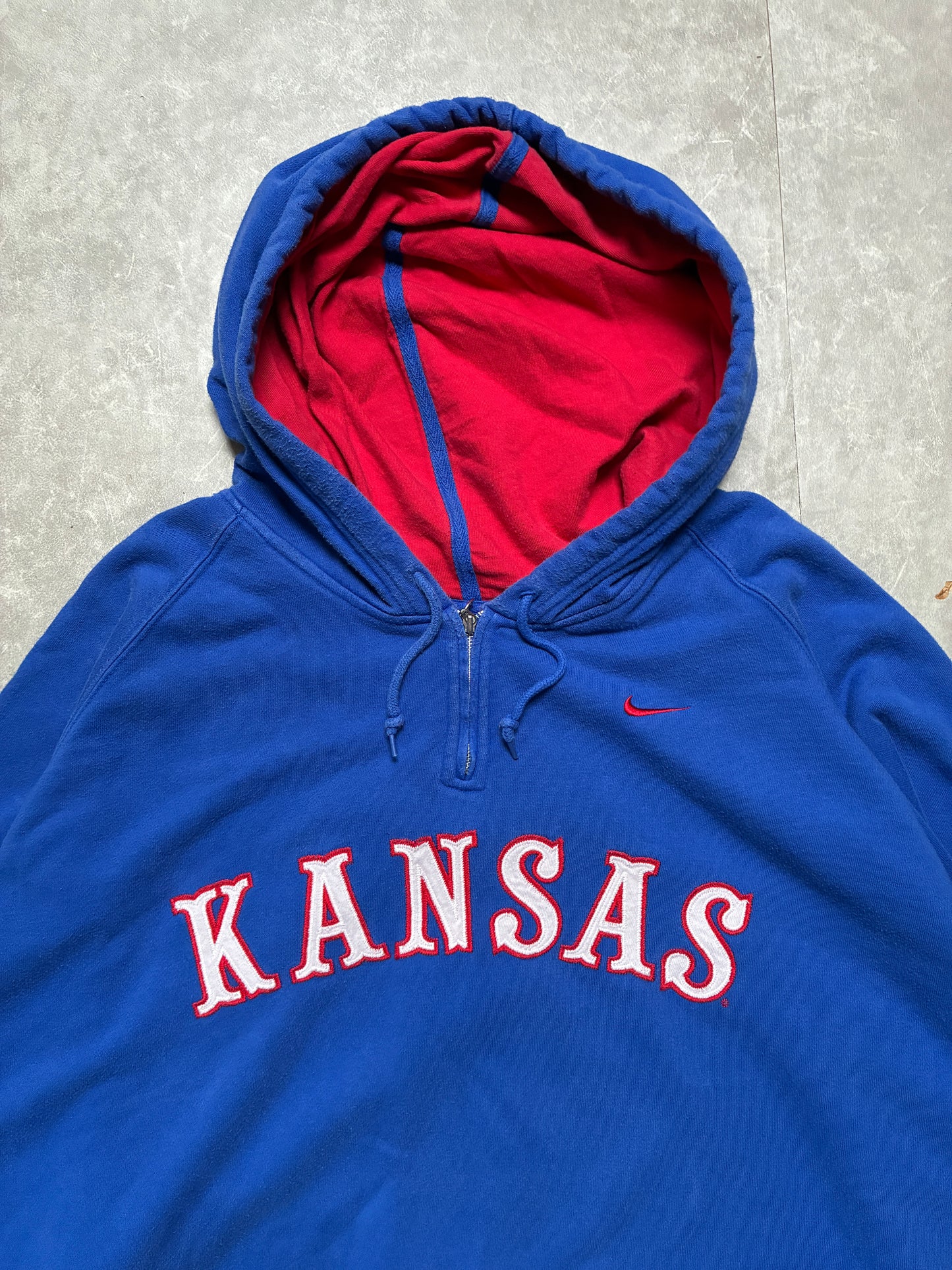 90s Vintage Kansas Jayhawks Nike Embroidered Blue Hoodie -XXL