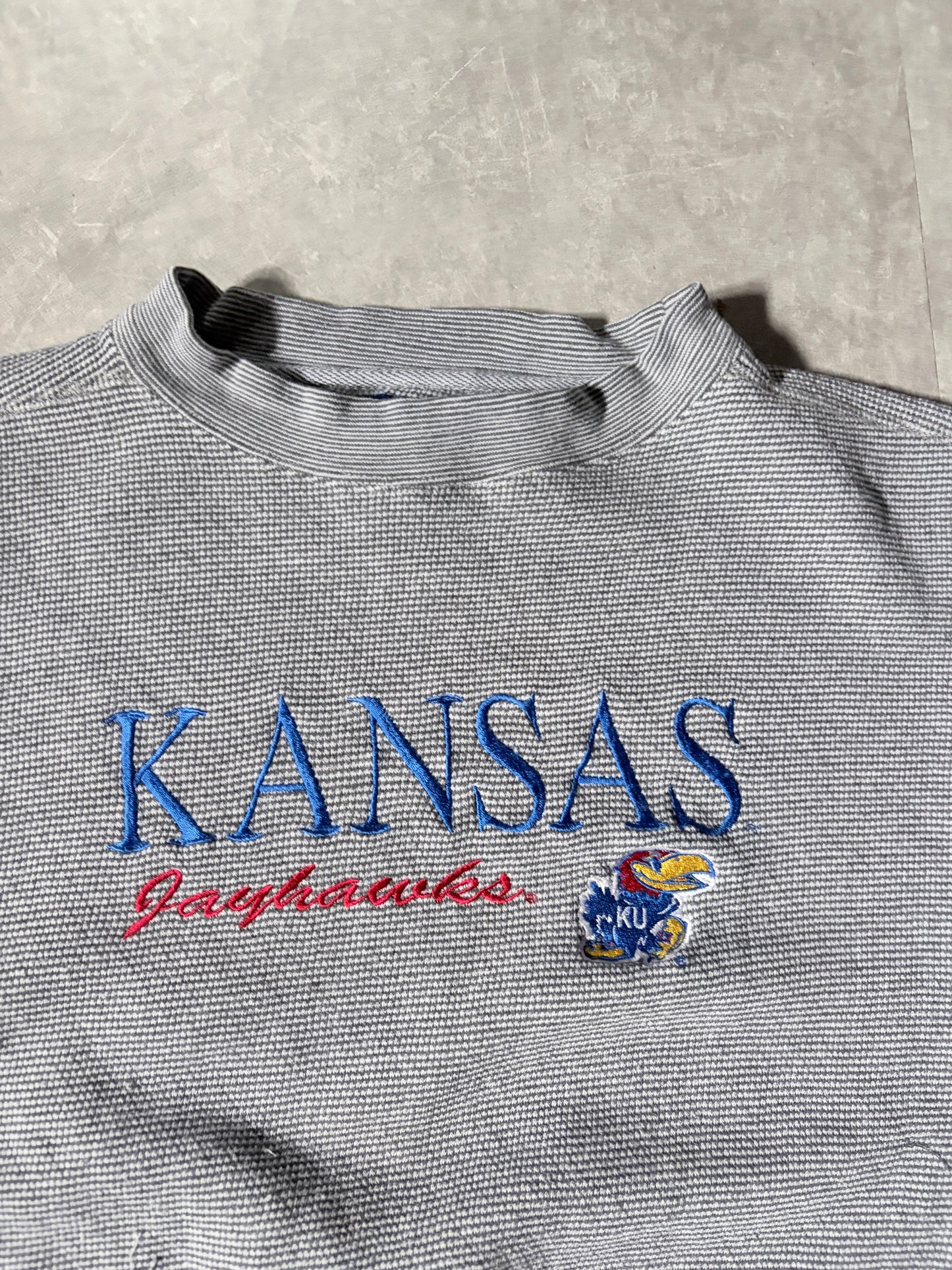 90s Vintage Kansas Jayhawks Logo 7 Embroidered Grey Crewneck -XL