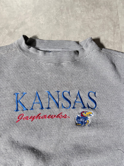 90s Vintage Kansas Jayhawks Logo 7 Embroidered Grey Crewneck -XL