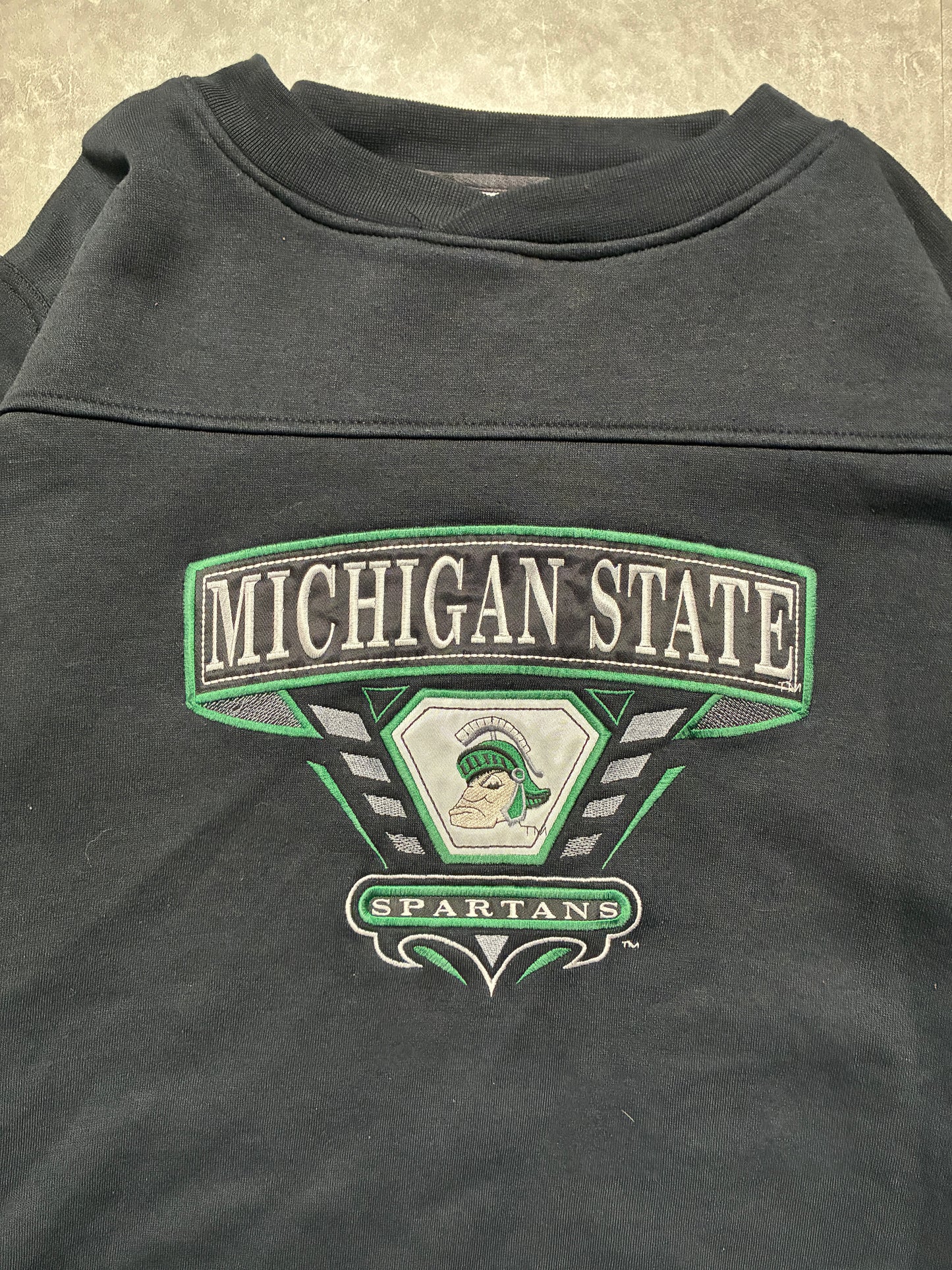 90s Vintage Michigan State Spartans Stripe Sleeve Black Crewneck -XXL