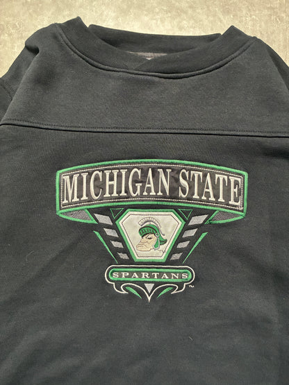 90s Vintage Michigan State Spartans Stripe Sleeve Black Crewneck -XXL