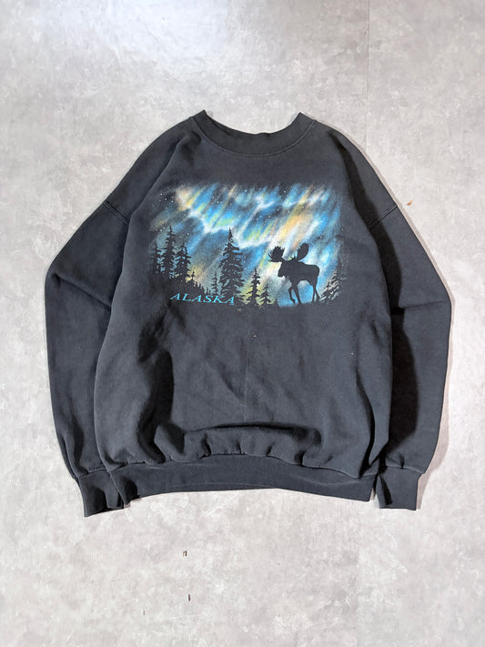 90s Vintage Nature Northern Lights Black Crewneck -M