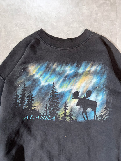 90s Vintage Nature Northern Lights Black Crewneck -M