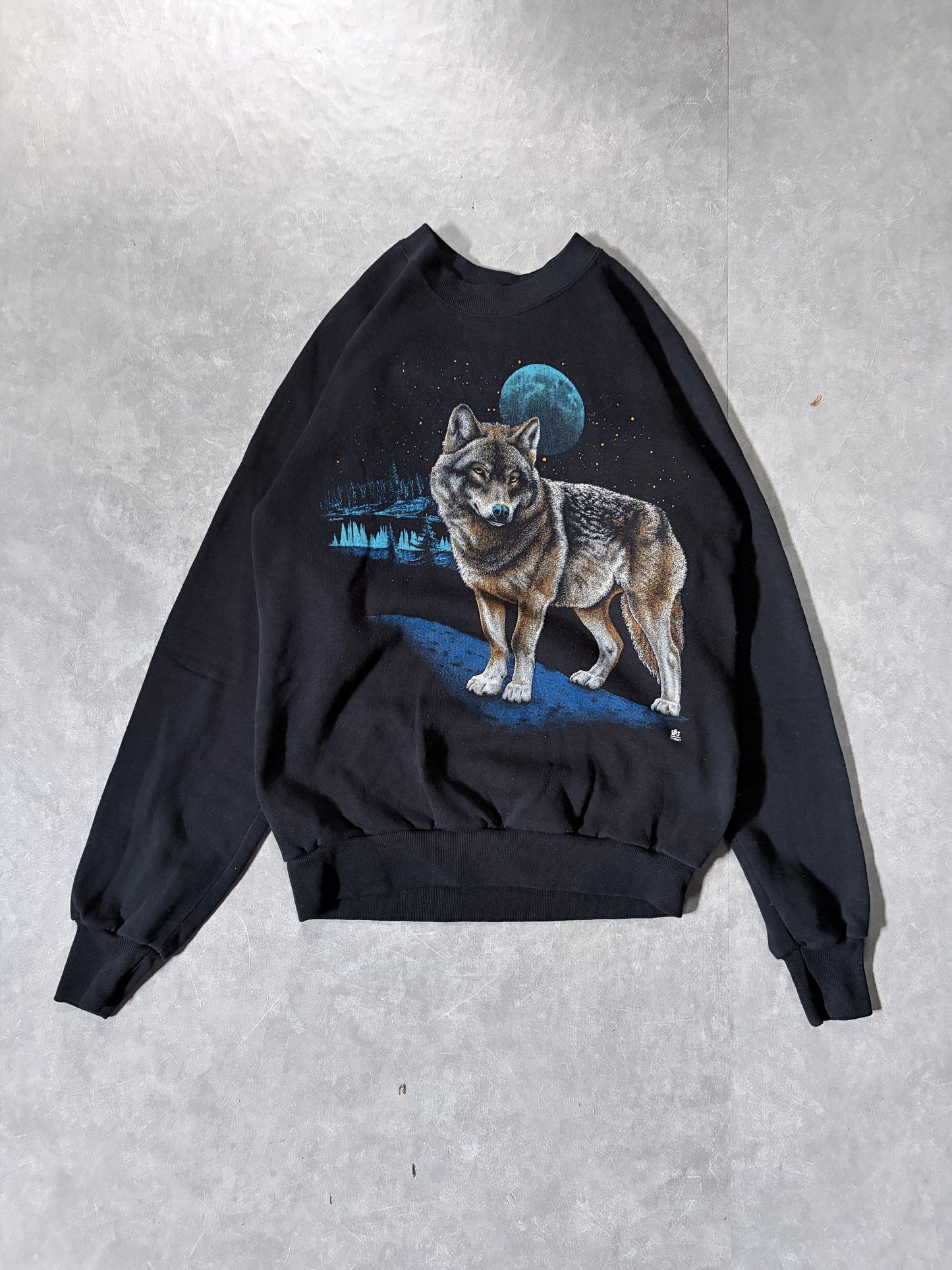 90s Vintage Wolf Nature Black Crewneck -M