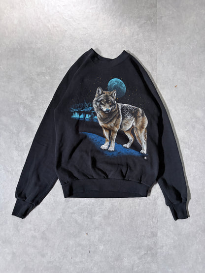 90s Vintage Wolf Nature Black Crewneck -M