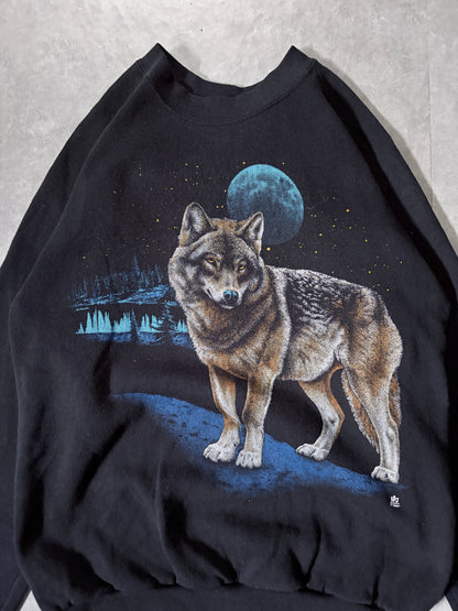 90s Vintage Wolf Nature Black Crewneck -M