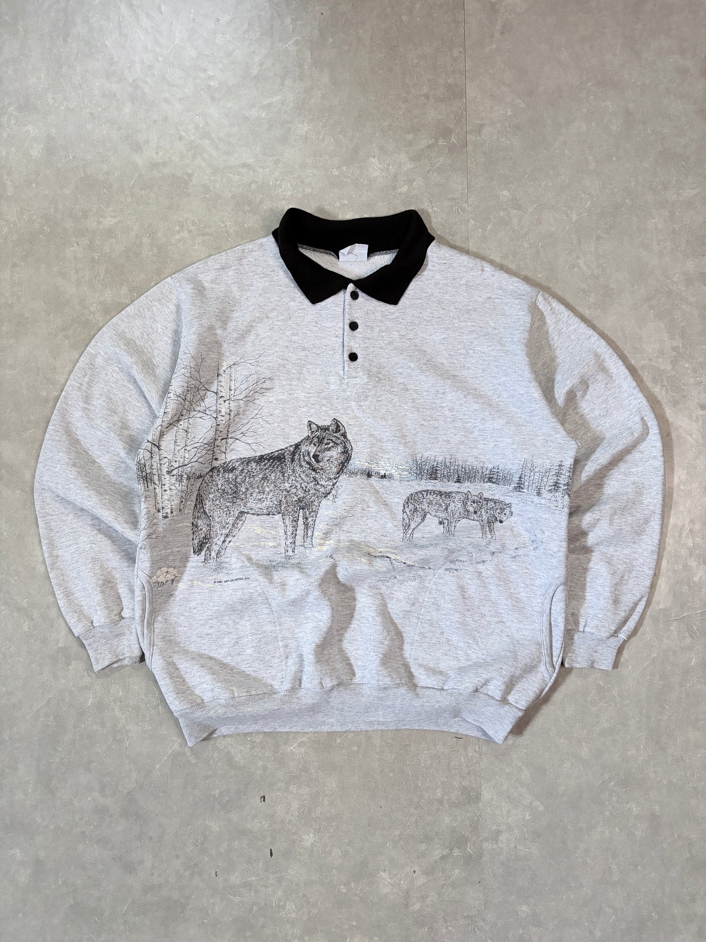 90s Vintage Wolves Nature Wrap Around Heather Grey Crewneck -L