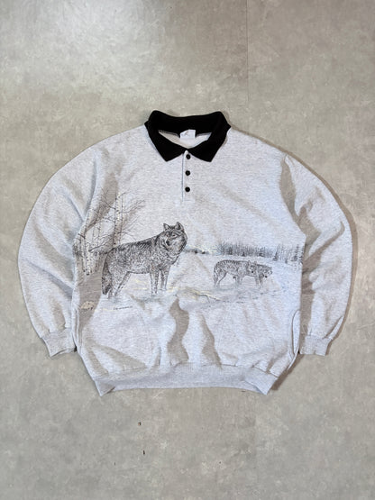 90s Vintage Wolves Nature Wrap Around Heather Grey Crewneck -L