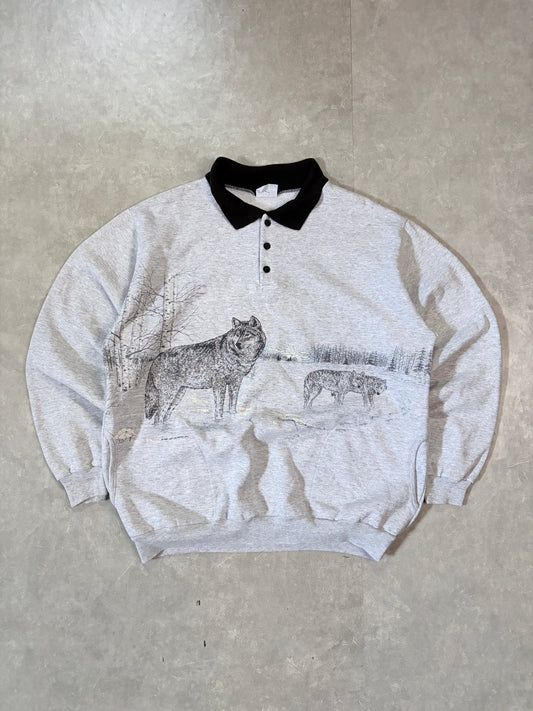 90s Vintage Wolves Nature Wrap Around Heather Grey Crewneck -L - L | Martin City Vintage